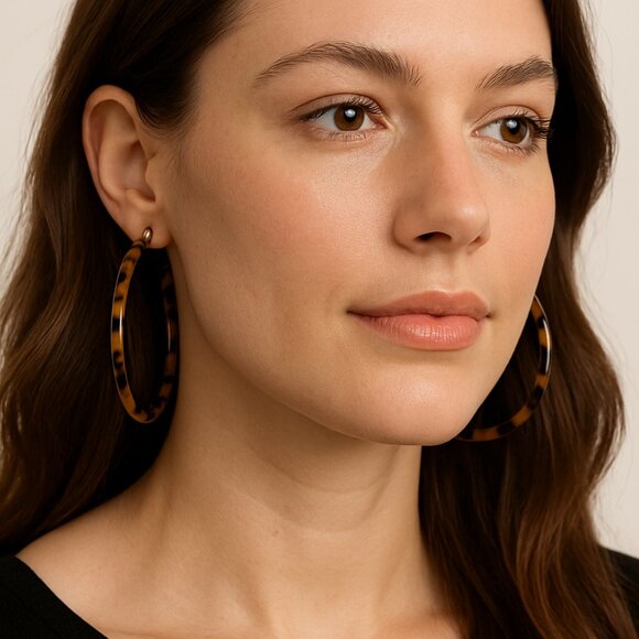 Vintage Jewelry - Tortoiseshell Hoop Earrings 2" Brown Acetate Resin Retro Style Hoops